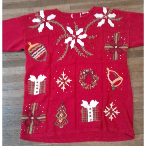 Vintage 80s Womens Size XL 3D Embroidered Embellished Christmas Holiday Sweater - Picture 1 of 6